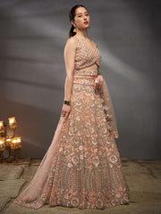 Peach Net Multi Sequins with heavy Zarkan embroidery Semi-Stitched Lehenga choli & Dupatta