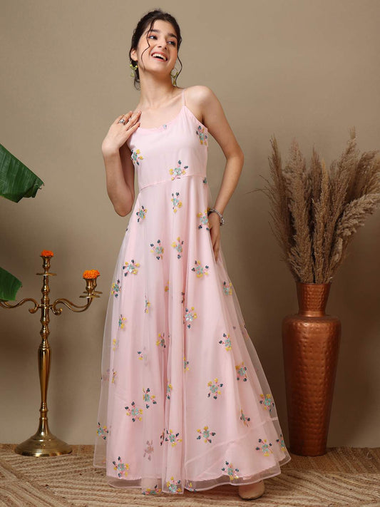 Girls Embroidered V-Neck A-Line Ethnic Dresses
