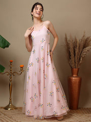 Girls Embroidered V-Neck A-Line Ethnic Dresses