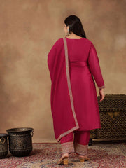 Plus Size Ethnic Motifs Embroidered Thread Work Kurta Trousers & With Dupatta