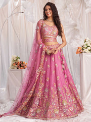 Pink Organza Sequins embroidery Semi Stitched Lehenga choli and Dupatta