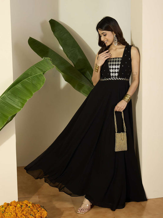 Geometric Yoke Design Sequinned Embroidered Georgette A-Line Ethnic Dress