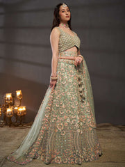 Sea green Net Multi Sequins with heavy Zarkan embroidery Semi-Stitched Lehenga choli & Dupatta
