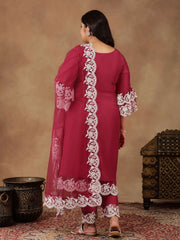 Plus Size Embroidered Thread Work Straight Kurta With Trousers & Dupatta
