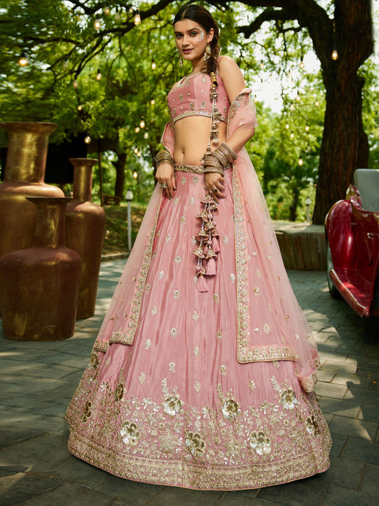 Pink colour Chinnon Sequinse embroidery Semi-Stitched Lehenga choli and Dupatta