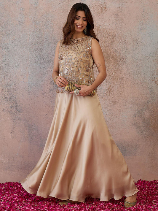 Beige Bling and Sparkly Embellished Top with Skirt