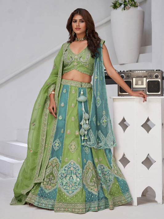 Vibrant Dual Tone Green & Turquoise Lehenga with Double Dupattas for Weddings
