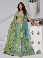 Vibrant Dual Tone Green & Turquoise Lehenga with Double Dupattas for Weddings
