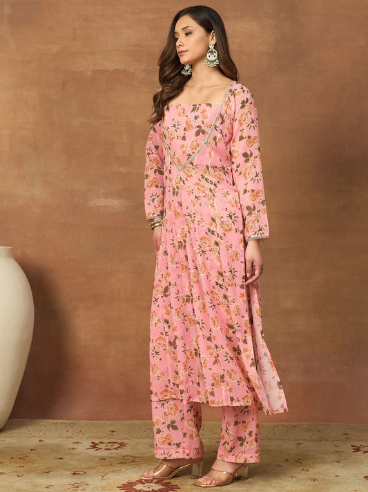 Women Floral Printed Regular Thread Work Kurta with Trousers