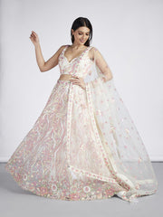 Cream Net Sequins and thread embroidery Semi Stitched Lehenga choli and Dupatta