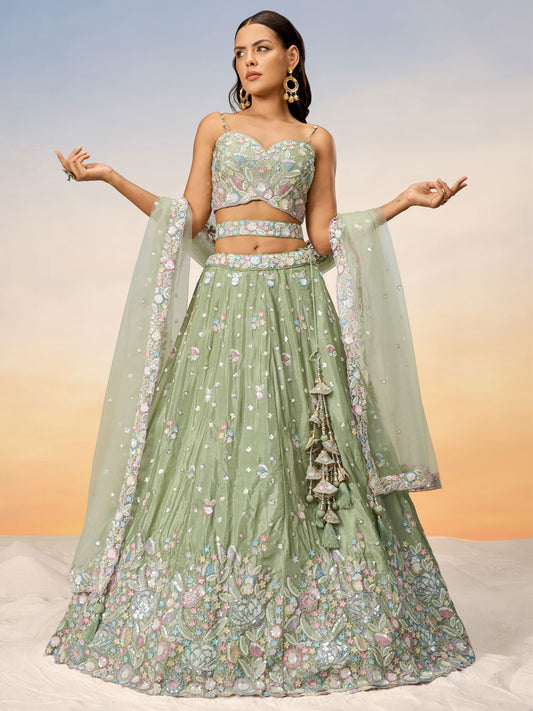 Lime green Chiffon Sequins and thread embroidery Semi-Stitched Lehenga choli & Dupatta
