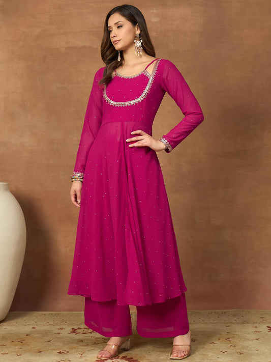Women Layered Beads and Stones Kurta with Palazzos
