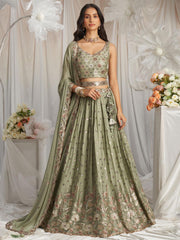 Lime Green Georgette Sequin embroidery Semi Stitched Lehenga choli and Dupatta