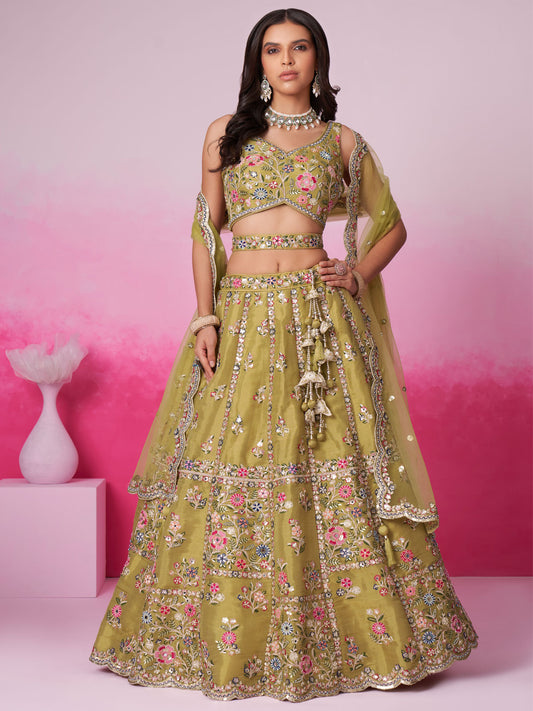 Mustard Bridel Net Moti, Sequins embroidery Semi-Stitched Bridel Lehenga choli and Dupatta