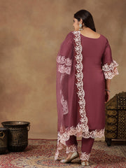 Plus Size Embroidered Thread Work Straight Kurta With Trousers & Dupatta