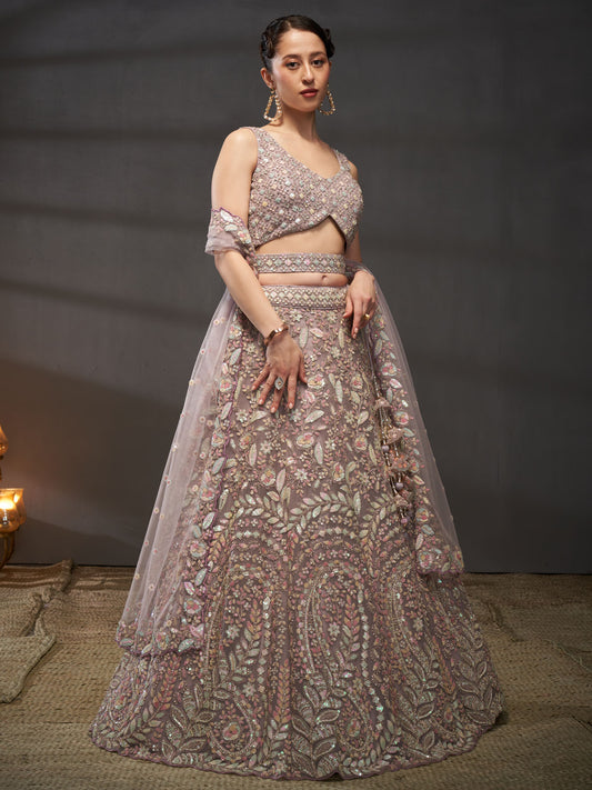 Mauve Net Multi Sequins with heavy Zarkan embroidery Semi-Stitched Lehenga choli and Dupatta