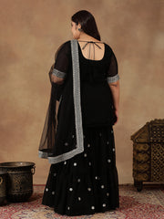 Plus Size Floral Embroidered Thread Work Straight Kurta With Sharara & Dupatta