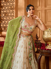 Limegreen Tissue Fabric Sequins embroidery Semi-Stitched Lehenga & Unstitched Blouse With Dupatta