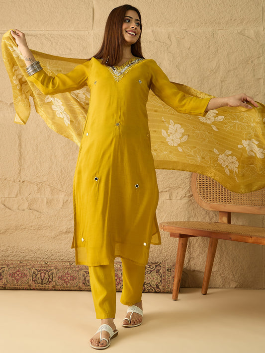 Women Ethnic Motifs Embroidered Regular Mirror Work Kurta with Trousers & With Dupatta (Copy)