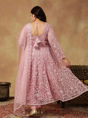 Floral Embroidered Regular Thread Work Anarkali Kurta With Trousers & Dupatta