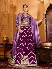 Burgundy Silk Fabric Sequins embroidery Semi-Stitched Lehenga & Unstitched Blouse With Dupatta