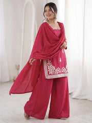 Pink Designer Roman Silk Embroiderd Palazzo Suit
