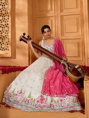 Cream Silk Fabric Sequins embroidery Semi-Stitched Lehenga & Unstitched Blouse With Dupatta