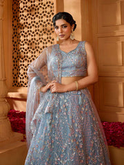 Grey Net Fabric Sequins embroidery Semi-Stitched Lehenga & Unstitched Blouse With Dupatta