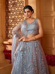 Grey Net Fabric Sequins embroidery Semi-Stitched Lehenga & Unstitched Blouse With Dupatta