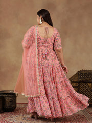 Plus Size Floral Printed Tiered Flared Kurta With Dupatta