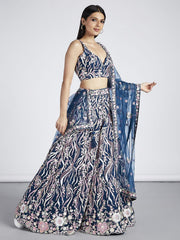 Navy blue Net Sequins and thread embroidery Semi Stitched Lehenga choli and Dupatta