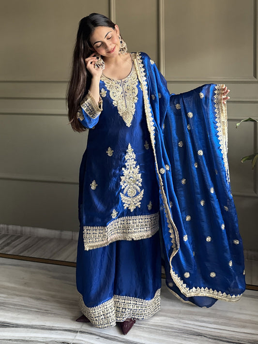 Blue Designer Fendi Silk Embroiderd Palazzo Suit