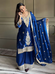 Blue Designer Fendi Silk Embroiderd Palazzo Suit