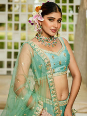 Sea Green colour Chinnon Sequinse embroidery Semi-Stitched Lehenga choli and Dupatta