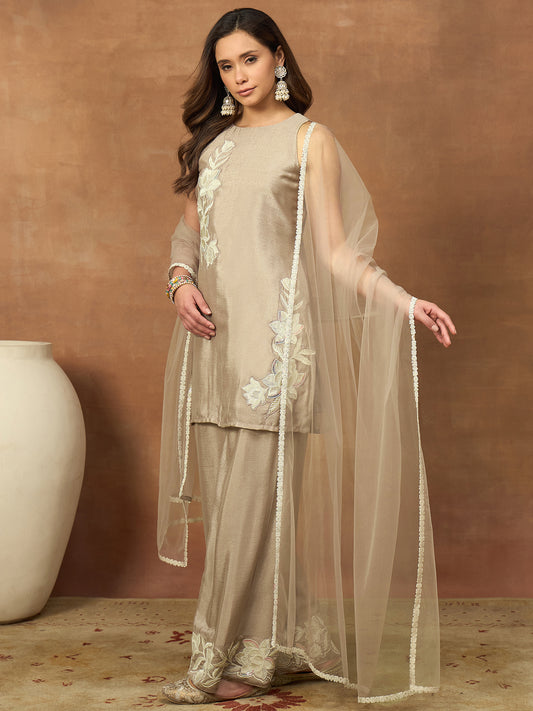 Women Floral Embroidered Regular Thread Work Kurta with Palazzos & With Dupatta