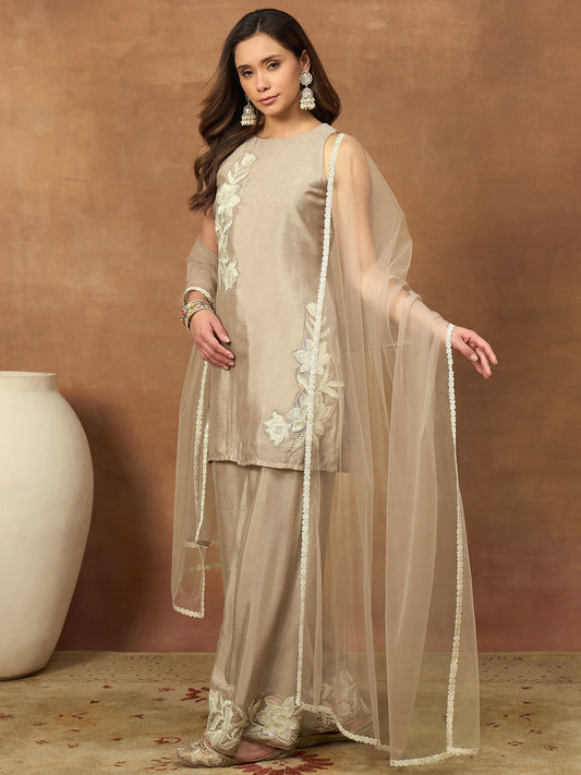 Women Floral Embroidered Regular Thread Work Kurta with Palazzos & With Dupatta