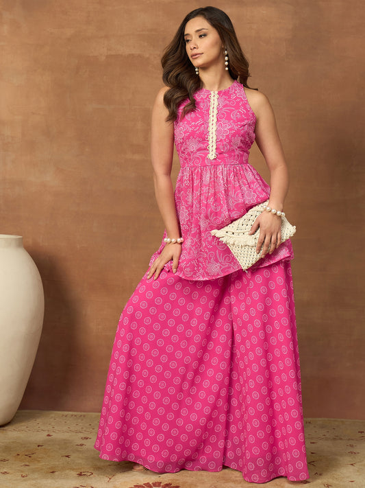 Women Floral Print Pleated Top & Palazzos Co-Ords