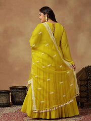 Plus Size Round Neck Georgette Zari Tiered Anarkali Kurta With Dupatta & Belt