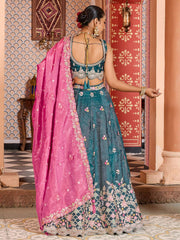Teal Tissue Fabric Sequins embroidery Semi Stitched Lehenga & Unstitched Blouse With Dupatta