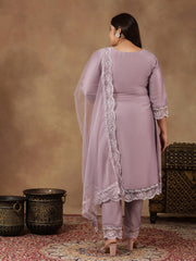 Plus Size Floral Embroidered Thread Work A-Line Kurta With Trousers & Dupatta