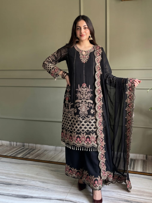 Black Georgette Embroiderd Palazzo Suit
