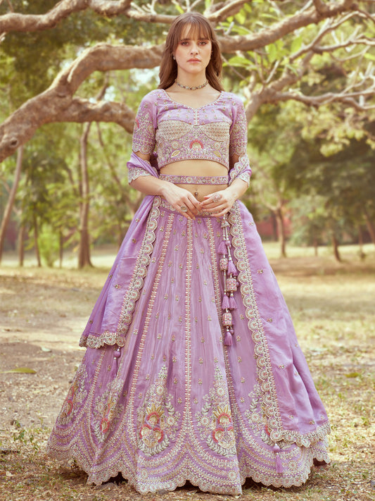 Lavender Gold crushed Tissue Fabric Moti, Zari work Semi-Stitched Lehenga choli & Dupatta
