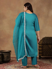 Plus Size Floral Yoke Design Thread Work Straight Kurta With Trouser & Dupatta