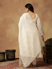 Plus Size Embroidered Empire Thread Work Kurta With Trousers & Dupatta
