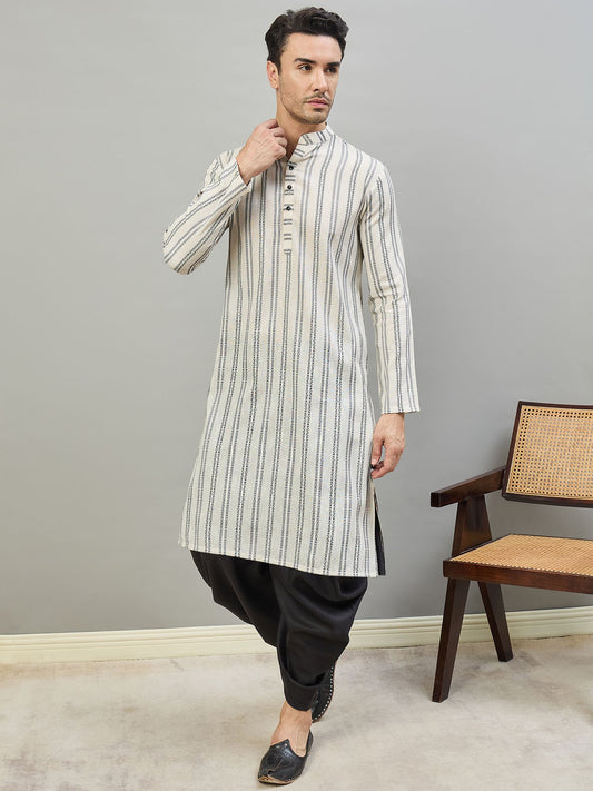Striped Woven Design Mandarin Collar Calf Length Straight Kurtas