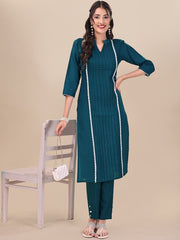 Mandarin Collar Striped Straight Kurta with Trousers