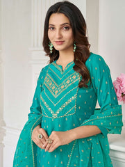 Women Green Ethnic Motifs Embroidered Regular Thread Work Chanderi Cotton Kurta with Trousers & With Dupatta
