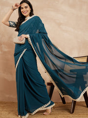 Teal Floral Embroidered Saree