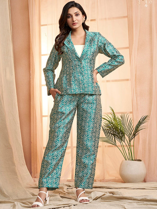 Green and beige Floral Woven Design Shirt & Trousers Ethnic Co-Ords