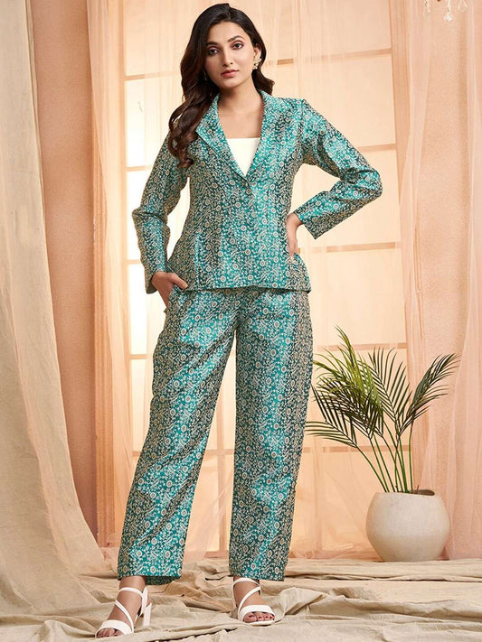 Green and beige Floral Woven Design Shirt & Trousers Ethnic Co-Ords